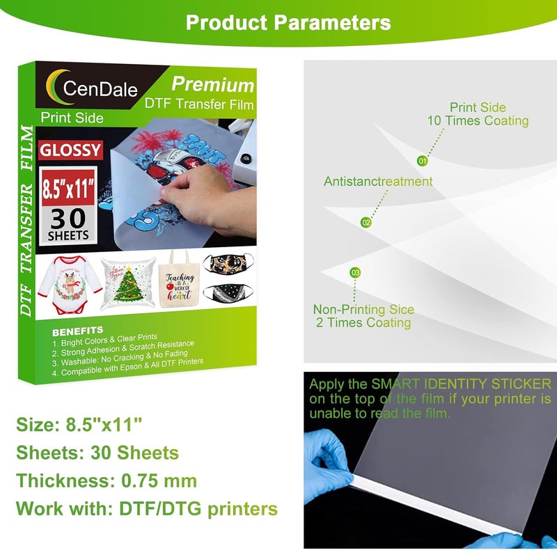 CenDale 𝐏𝐫𝐞𝐦𝐢𝐮𝐦 DTF Transfer Film 8.5"x11" - 30 Sheets Single-Sided 𝐆𝐥𝐨𝐬𝐬𝐲 Clear PreTreat Sheets PET Heat Transfer Paper for DIY Direct Print on All Fabric and Colors T-Shirts Textile - Image 2